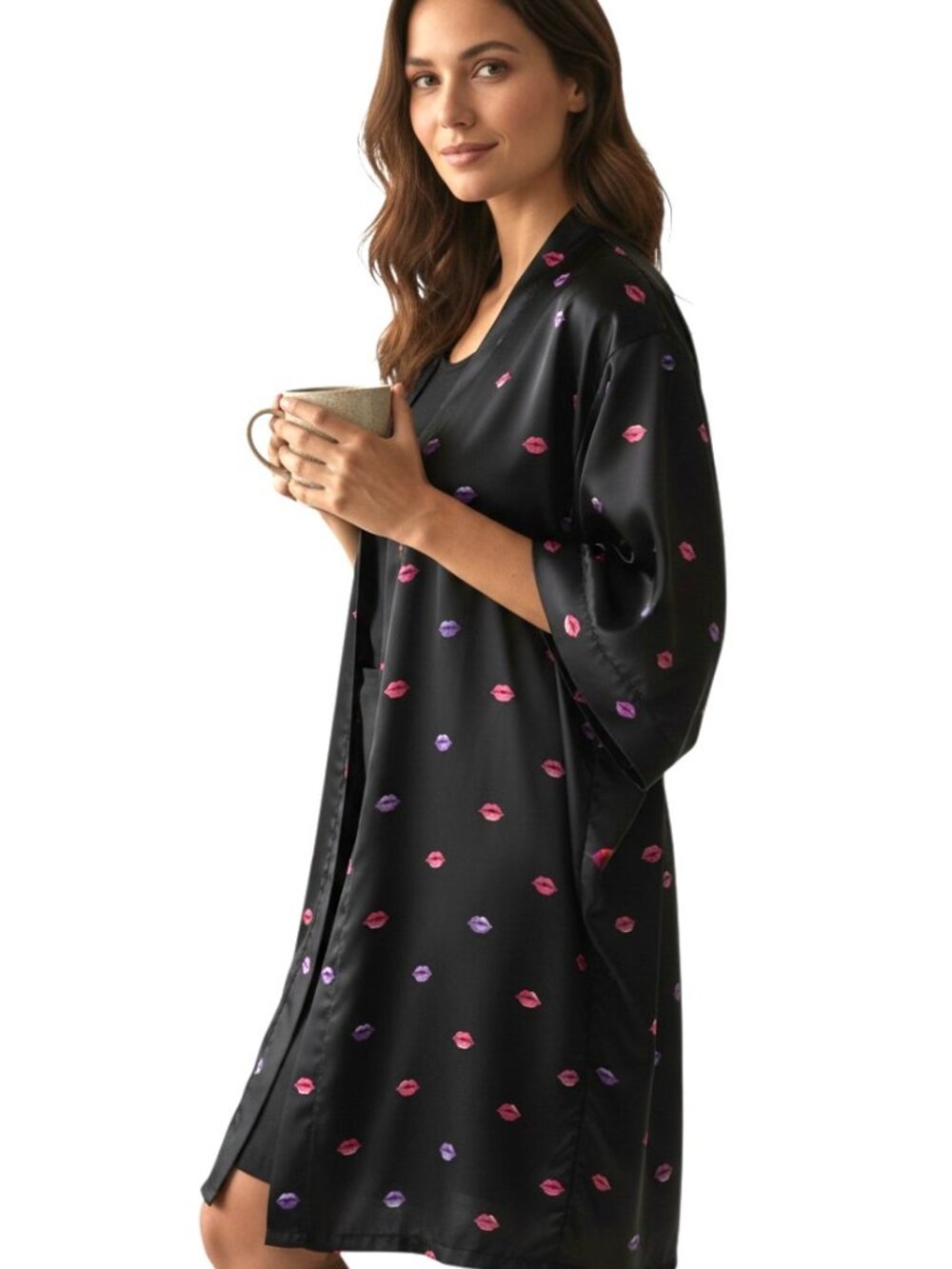 Melissa McCarthy Kimono size Large Topper Duster w/Pockets Black w/Red Lips